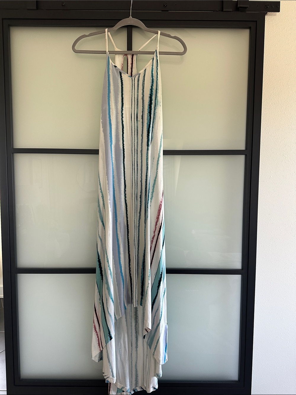 Striped High-Low Maxi Dress in White with Teal & Blue Accents